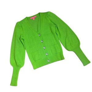 Lilly Pulitzer Green Angeli Long Puff Sleeve Jeweled Buttons Wool Blend Cardigan